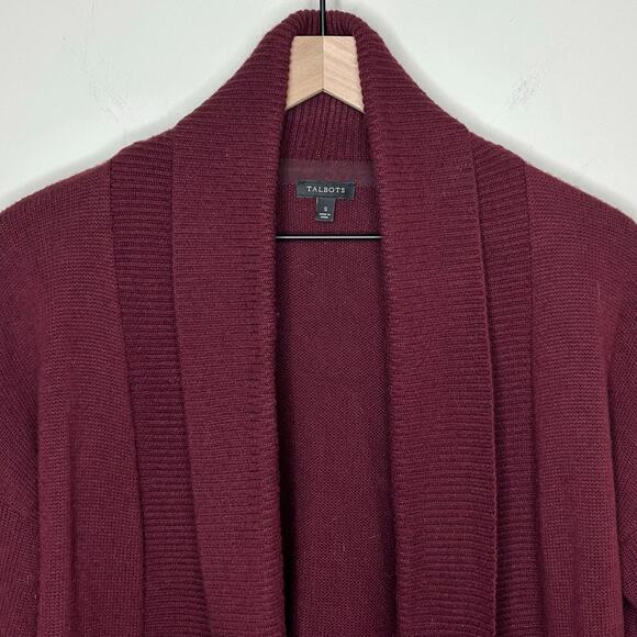Talbots Burgundy Waterfall Open Cardigan Sweater Size S Lambswool Blend Heavy - Picture 2 of 8